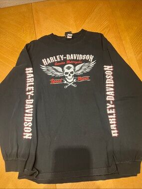 Harley-Davidson Black Long Sleeve Skull & Wings Graphic Tee with Red Accents